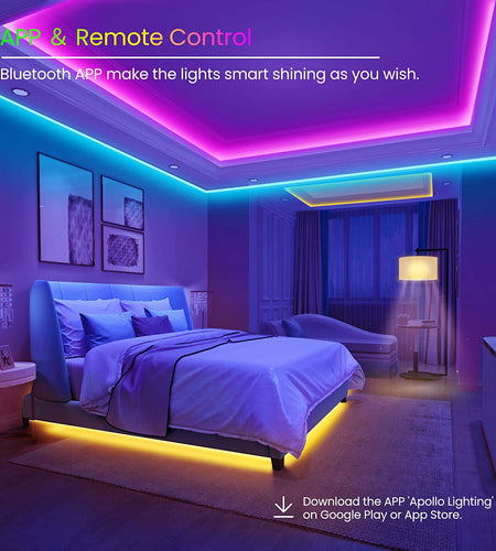 50 FT Long LED Strip Lights,  Bluetooth LED Lights for Bedroom, Color Changing Light Strip with Music Sync, Smart Lights Controlled via Phone APP and IR Remote.