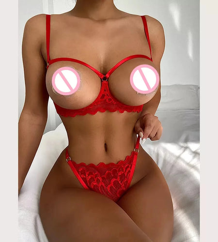 2023 Women'S Lingerie Set Sexy Lace Mesh Hollow Out Open Bras Crotchless Panties Two-Piece Suit Red Underwear Set Babydolls