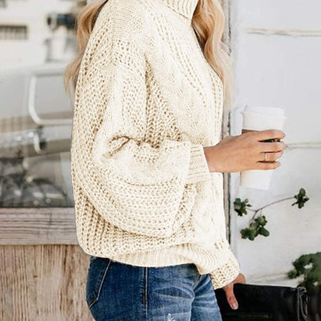 Chic Ballon Sleeve Winter Turtleneck Chunky Sweater Slouchy Oversized Loose Pullover Outerwear Warm Thick