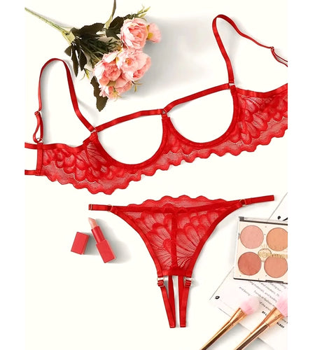 2023 Women'S Lingerie Set Sexy Lace Mesh Hollow Out Open Bras Crotchless Panties Two-Piece Suit Red Underwear Set Babydolls