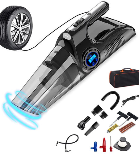 Portable Car Vacuum Cleaner, USB Charging Wireless Handheld Tire Inflator Air Compressor with Digital Tire Pressure Gauge LCD Display and LED Light, HEPA Filter, Tire Repair Tool