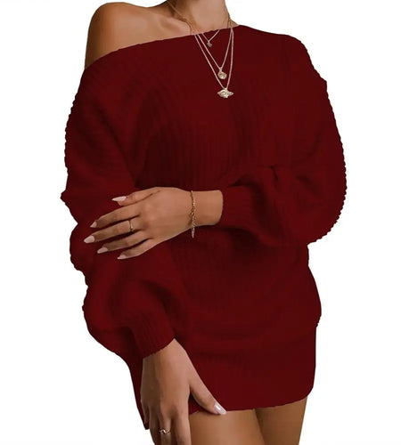 Womens Dresses Spring Fashion Cold Shoulder Lantern Sleeve Casual Plain Long Sleeve Daily Mini Knit Sweater Dress Woman Clothing