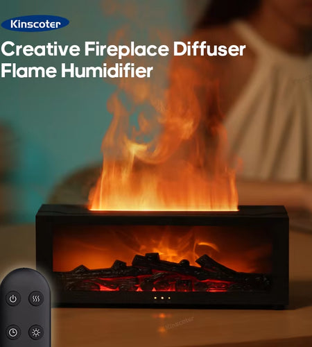 Fireplace Aroma Diffuser Creative Flame Humidifier Waterless Auto-Off Protection with Remote and Realistic Fireplace Night Light