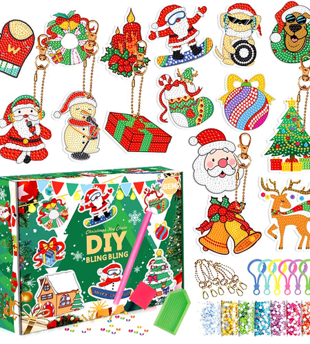 Christmas Diamond Painting Keychain 5D DIY Hanging Diamond Art Kits Diamond Ornaments for Kids Christmas Crafts Family Decor