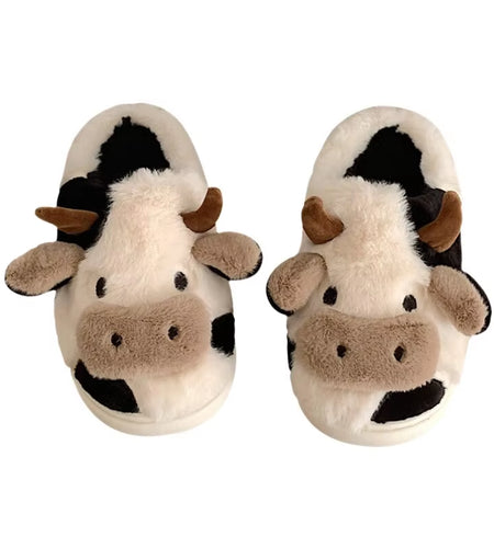 Women'S Cartoon Cute Cow House Slippers Warm plus Lined Closed Toe Fuzzy Home Slides Women'S Fluffy Comfy Shoes Winter Autumn