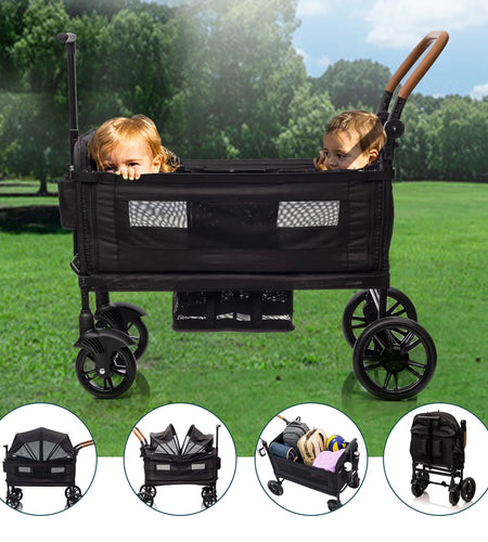 Wagon Stroller for 2 Kids & Cargo,Lightweight Double Stroller Push-Pull Stroller Folding Stroller for Newborn&Toddler with 5-Point Harness,Adjustable Handle Bar and Canopy,Tray Table,Cup Holde