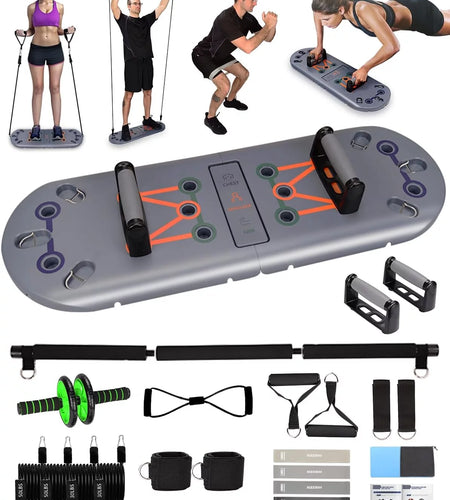 Home Workout Equipment to Help Achieve Fitness Goals, 27-In-1 Portable Gym Exercise Equipment with Compact Push-Up Board, Resistance Bands, Ab Roller Wheel, and Pilates Bar