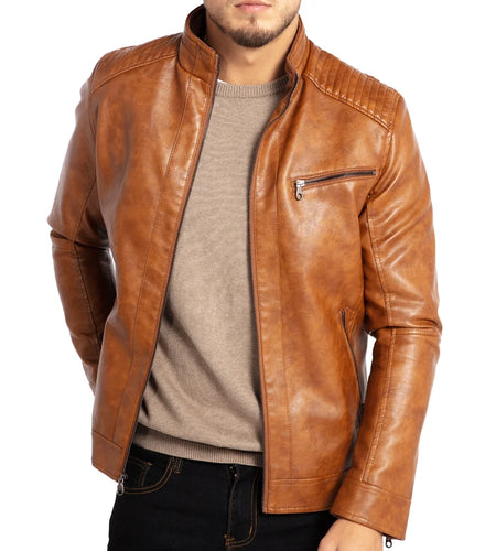 Men'S Stand Collar Leather Jacket Motorcycle Faux Leather Jackets Outwear