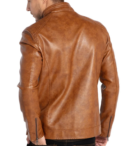 Men'S Stand Collar Leather Jacket Motorcycle Faux Leather Jackets Outwear