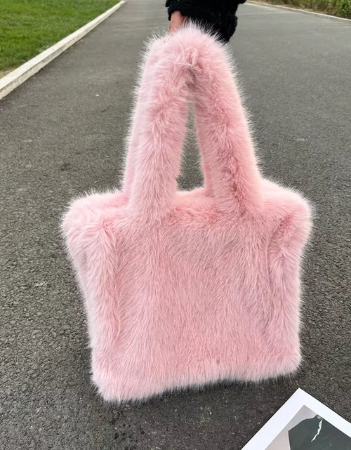 Load image into Gallery viewer, Designer Fluffy Plush Shoulder Bag Warm Faux Mongolian Fur Handbags for Women Brands Large Hobo Shopper Heart Shaped Purses
