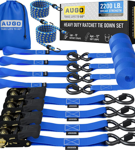 Ratchet Straps Heavy Duty 4 Pack -15 FT - 2200 LB Break Strength – Ratchet Tie down Straps with Safety Lock S Hooks - Cargo Straps for Moving, Appliances, Motorcycle – Soft Loop Tie down Straps