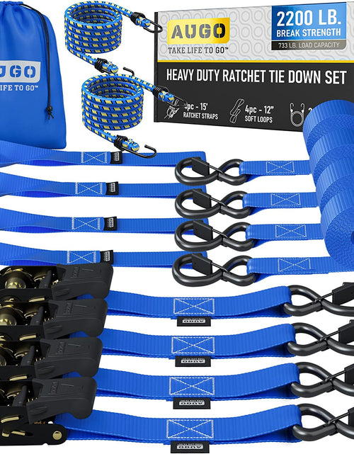 Load image into Gallery viewer, Ratchet Straps Heavy Duty 4 Pack -15 FT - 2200 LB Break Strength – Ratchet Tie down Straps with Safety Lock S Hooks - Cargo Straps for Moving, Appliances, Motorcycle – Soft Loop Tie down Straps
