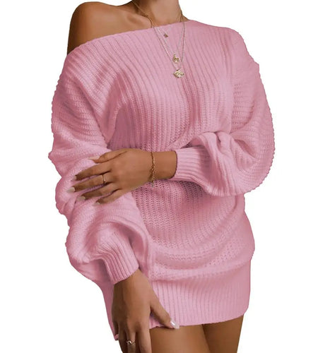 Womens Dresses Spring Fashion Cold Shoulder Lantern Sleeve Casual Plain Long Sleeve Daily Mini Knit Sweater Dress Woman Clothing