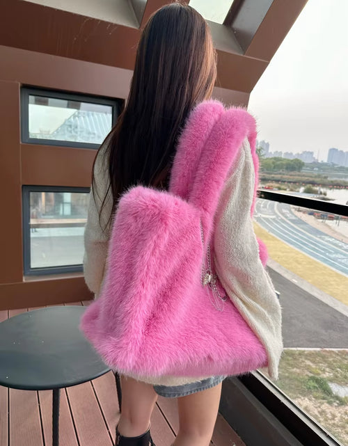 Load image into Gallery viewer, Designer Fluffy Plush Shoulder Bag Warm Faux Mongolian Fur Handbags for Women Brands Large Hobo Shopper Heart Shaped Purses
